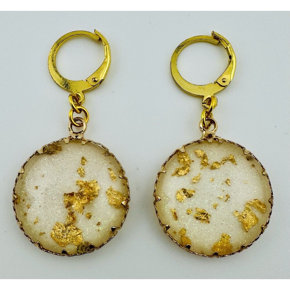 Gold Tone Resin Drop Earrings With White Glitter and Gold Leaf Accents 1.5” Drop
